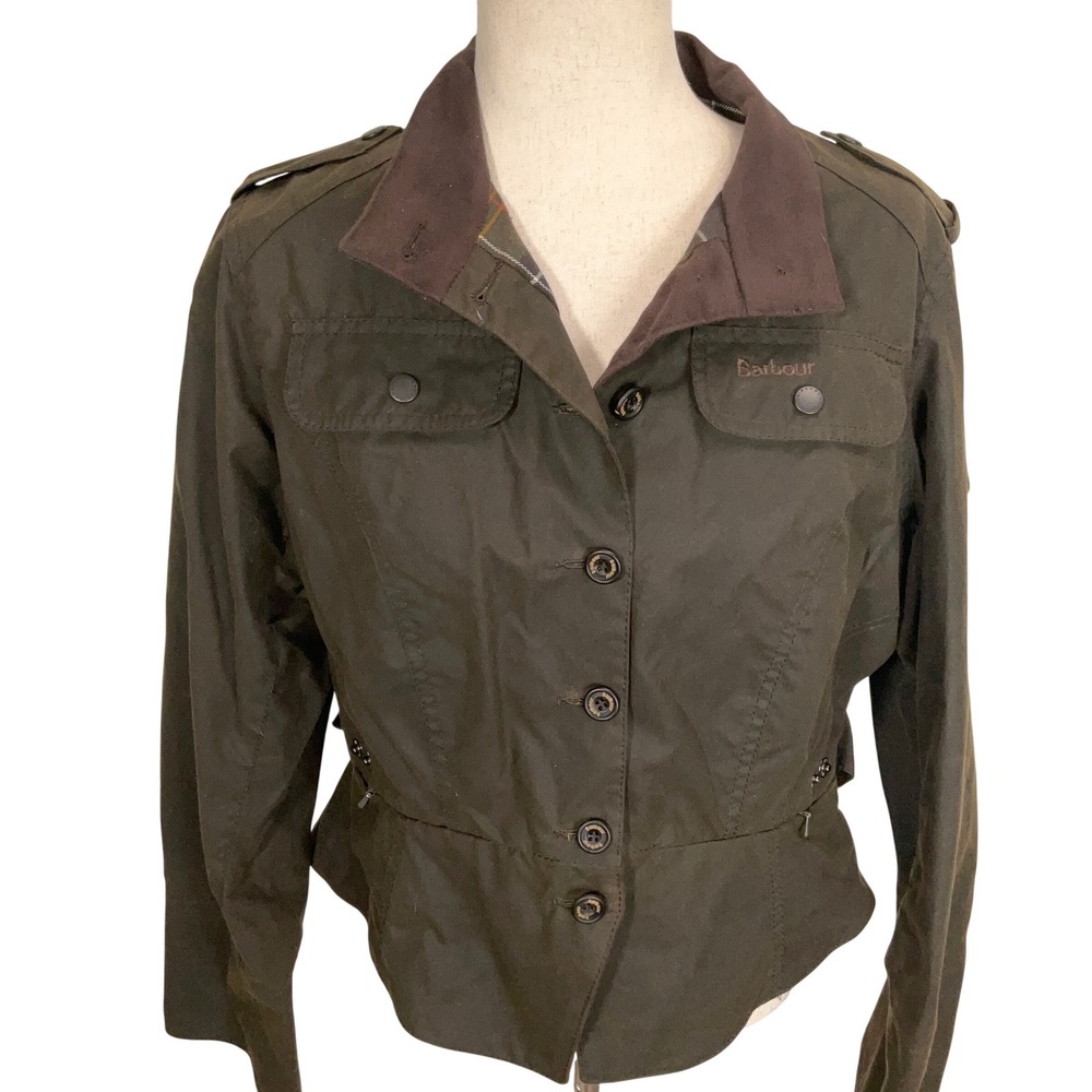 Barbour Military Jacket Womens 8 Olive Green L2006 Peplum Tartan Lined Waxed